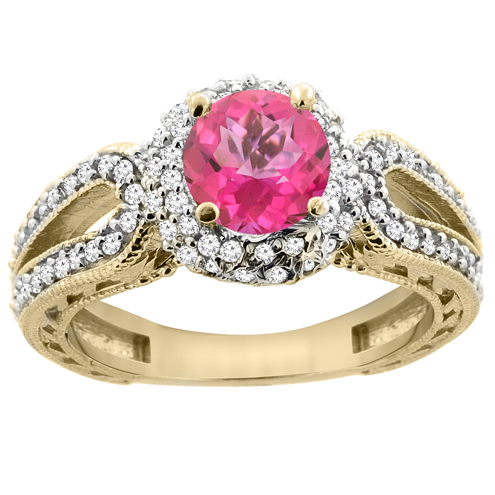 14K Yellow Gold Natural Pink Topaz Engagement Ring Round 6mm Engraved Split Shank Diamond Accents, sizes 5 - 10