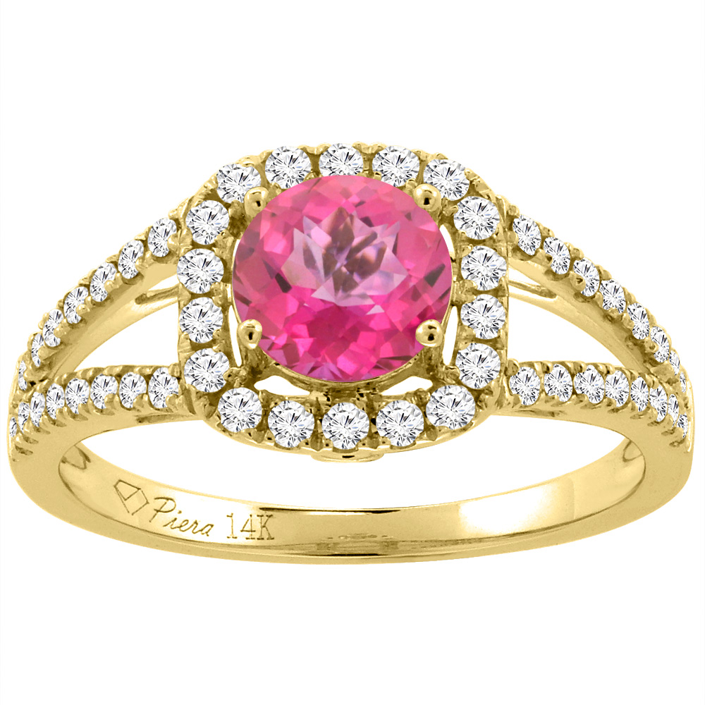 14K White Gold Diamond Natural Pink Topaz Engagement Halo Ring Round 7 mm, sizes 5-10