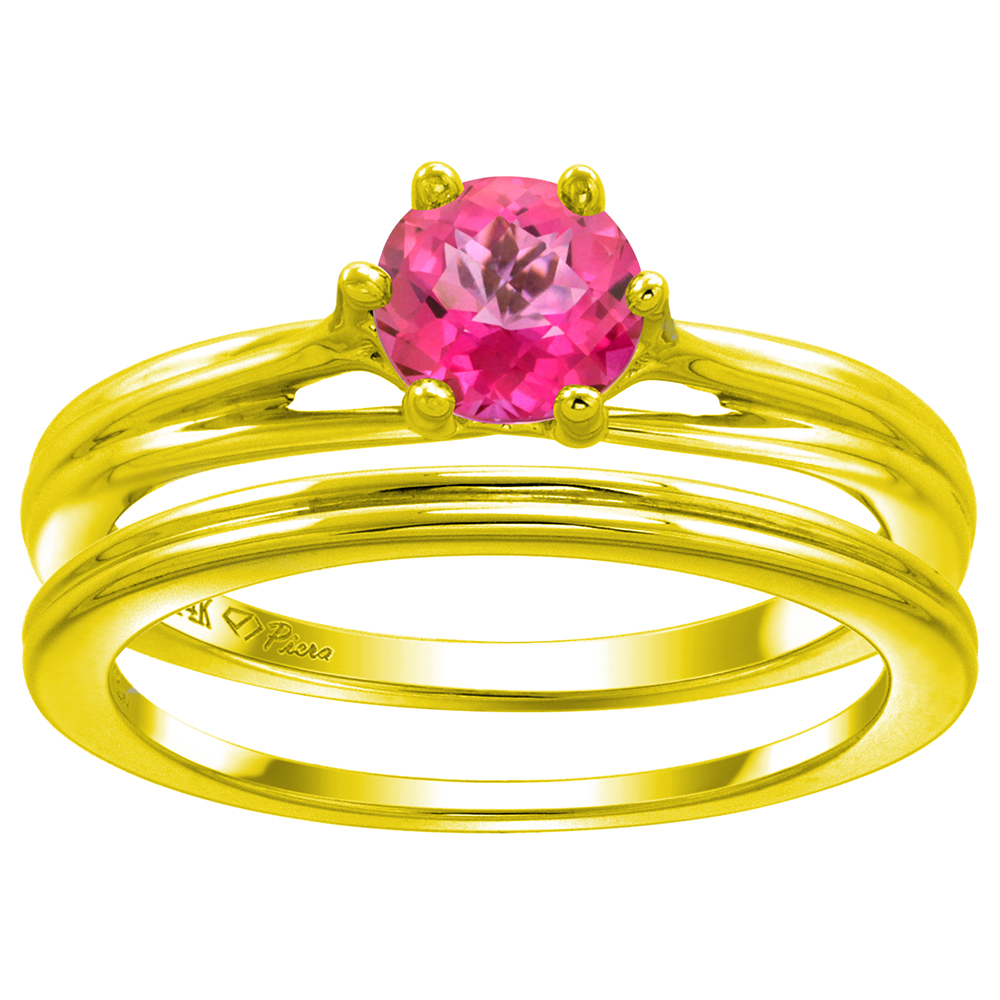 14k Yellow Gold Genuine Pink Topaz Solitaire Engagement 2pc Ring Set Round 6mm, size 5-10
