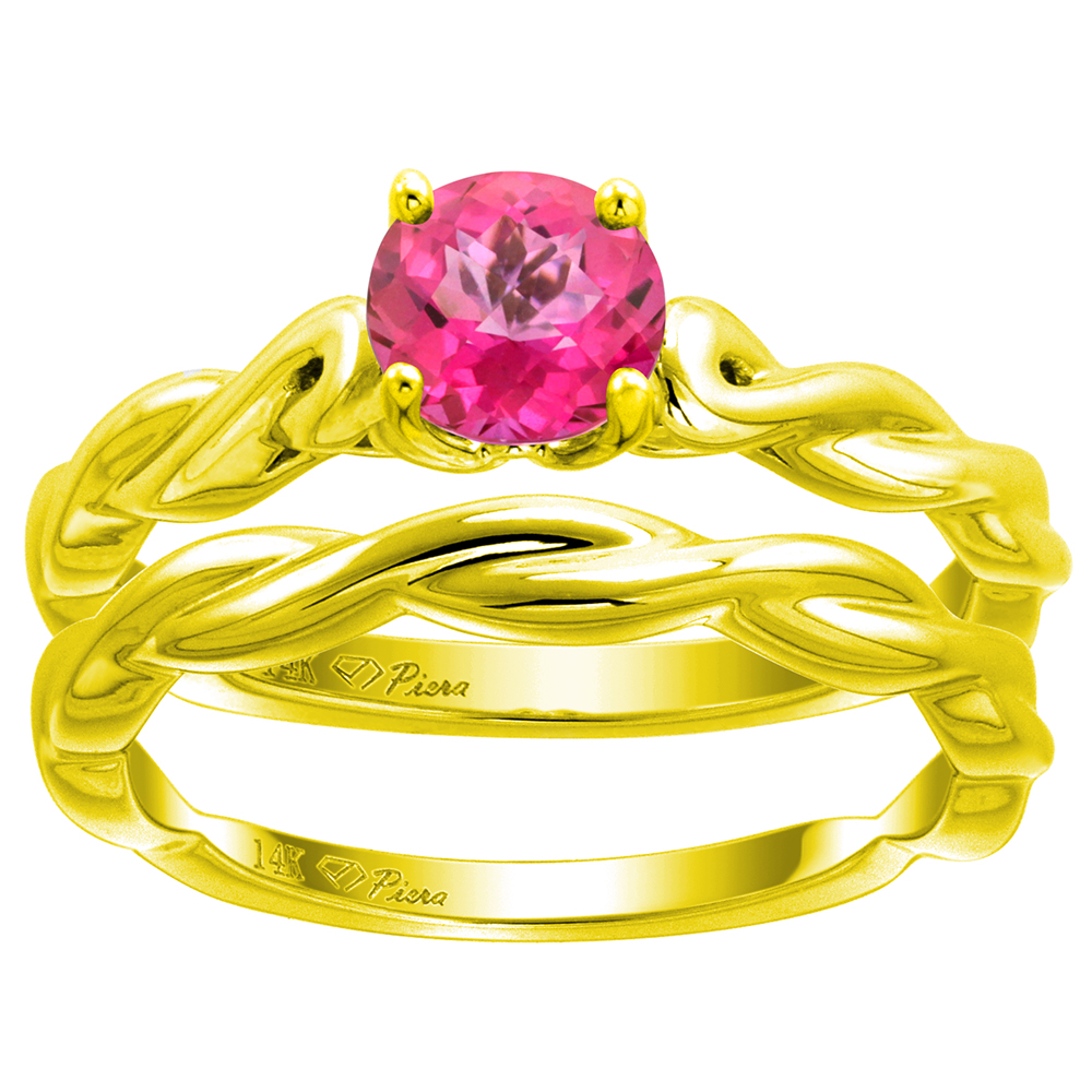 14k Yellow Gold Genuine Pink Topaz 2pc Solitaire Engagement Ring Set Round 6mm Twisted Shank, size 5-10