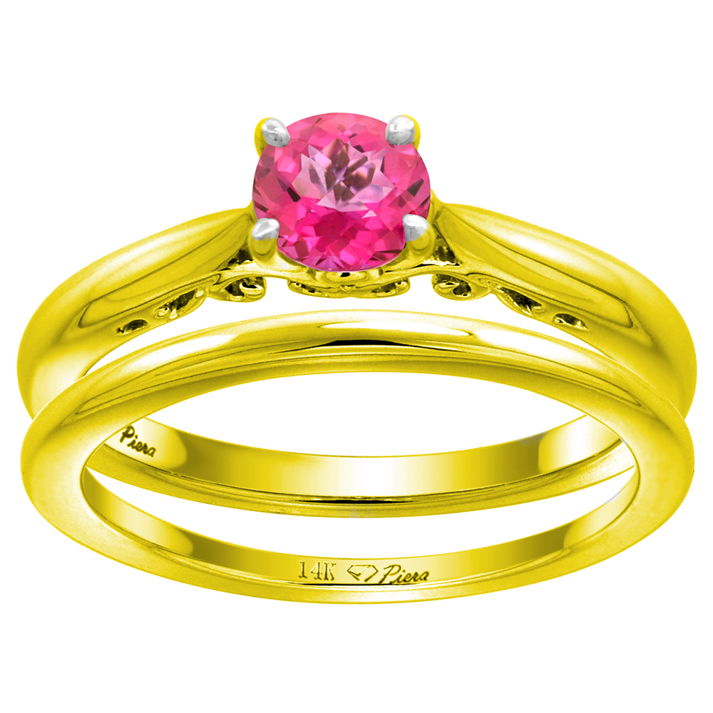 14k Yellow Gold Genuine Pink Topaz Solitaire Engagement 2pc Ring Set Round 6mm, size 5-10
