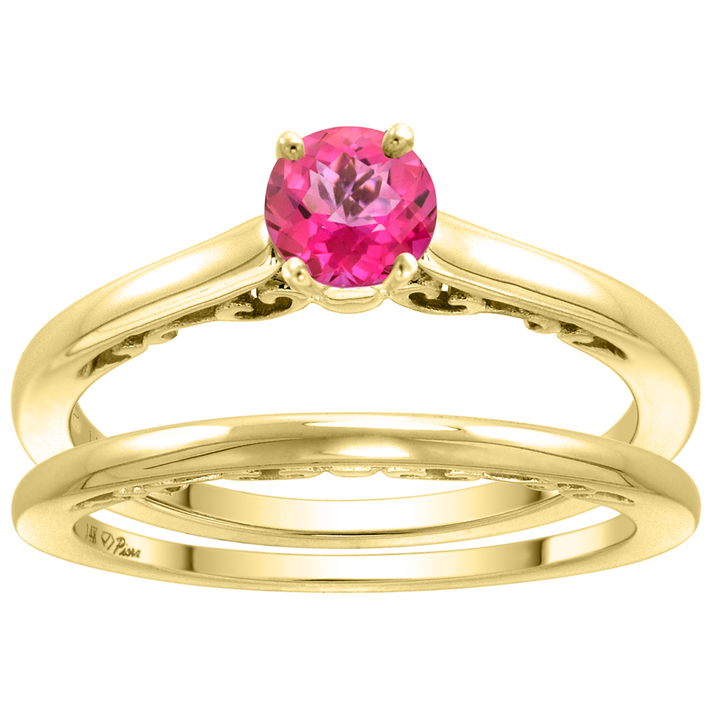 14k Yellow Gold Genuine Pink Topaz Solitaire Engagement 2pc Ring Set Round 4mm, size 5-10