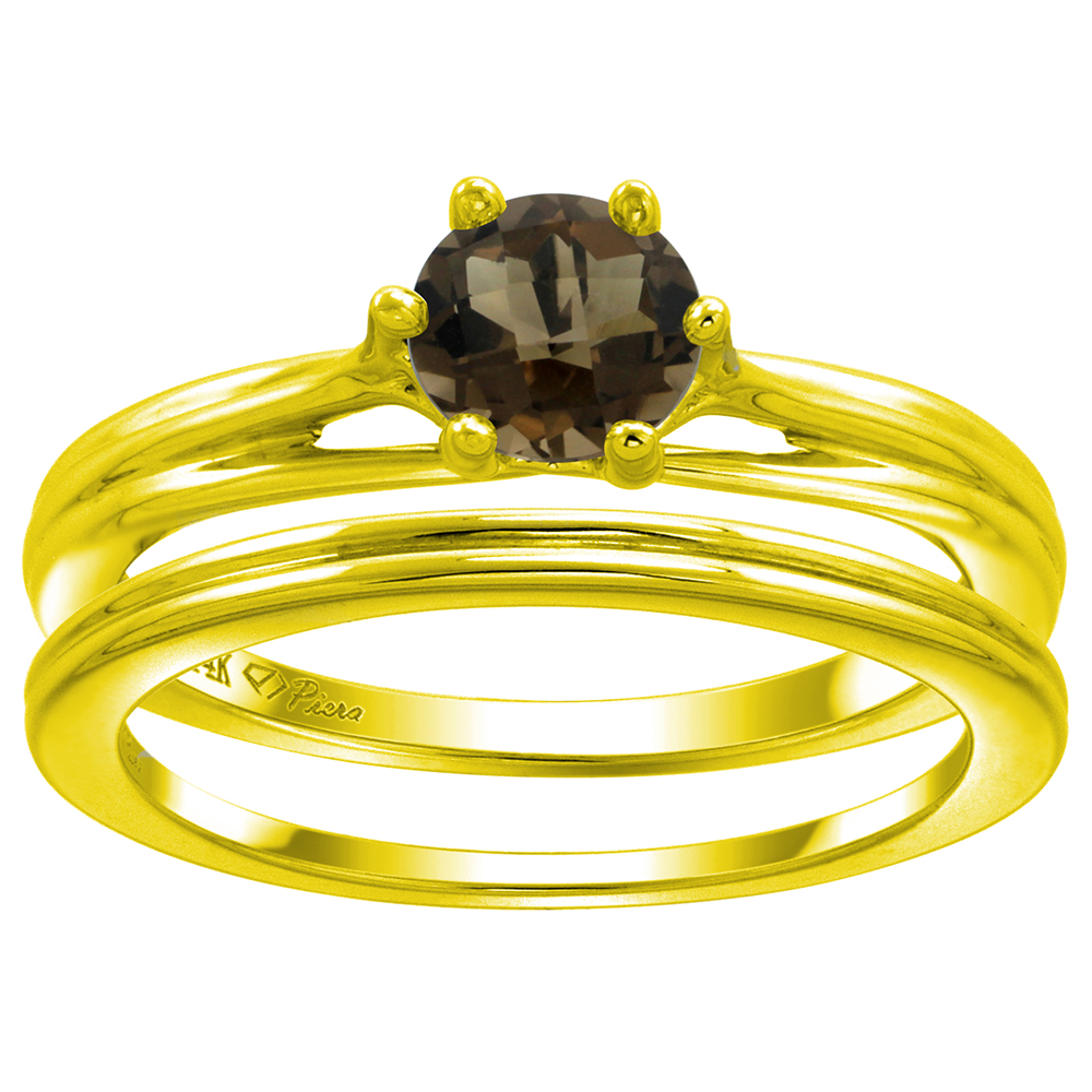 14k Yellow Gold Genuine Smoky Topaz Solitaire Engagement 2pc Ring Set Round 6mm, size 5-10