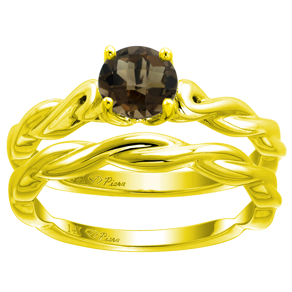 14k Yellow Gold Genuine Smoky Topaz 2pc Solitaire Engagement Ring Set Round 6mm Twisted Shank, size 5-10