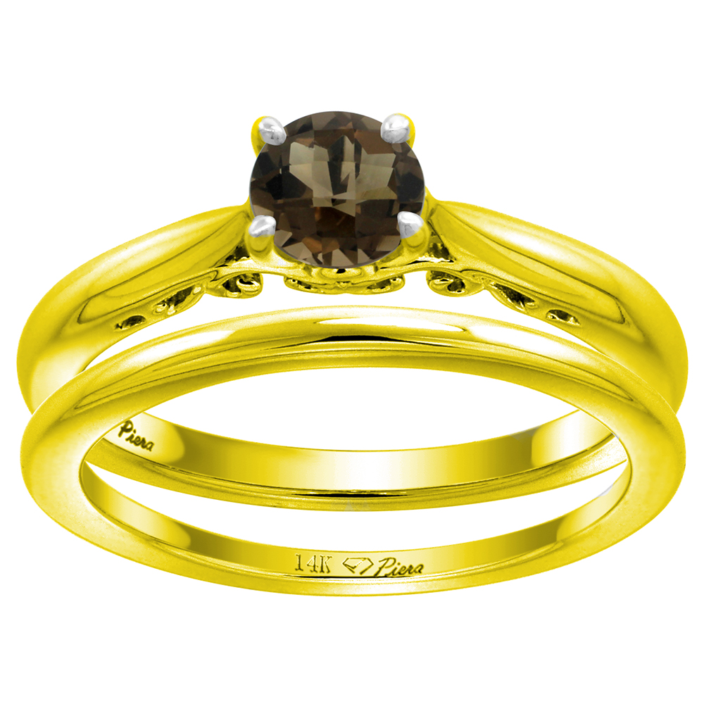 14k Yellow Gold Genuine Smoky Topaz Solitaire Engagement 2pc Ring Set Round 6mm, size 5-10
