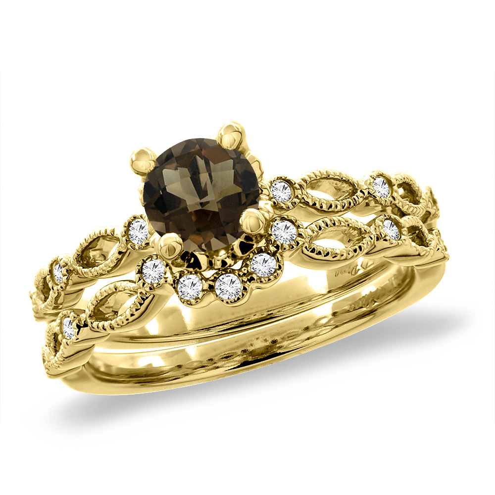 14K Yellow Gold Diamond Natural Smoky Topaz 2pc Engagement Ring Set Round 5 mm, sizes 5 - 10