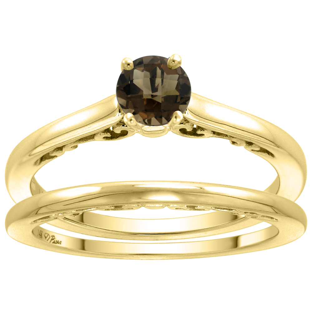 14k Yellow Gold Genuine Smoky Topaz Solitaire Engagement 2pc Ring Set Round 4mm, size 5-10