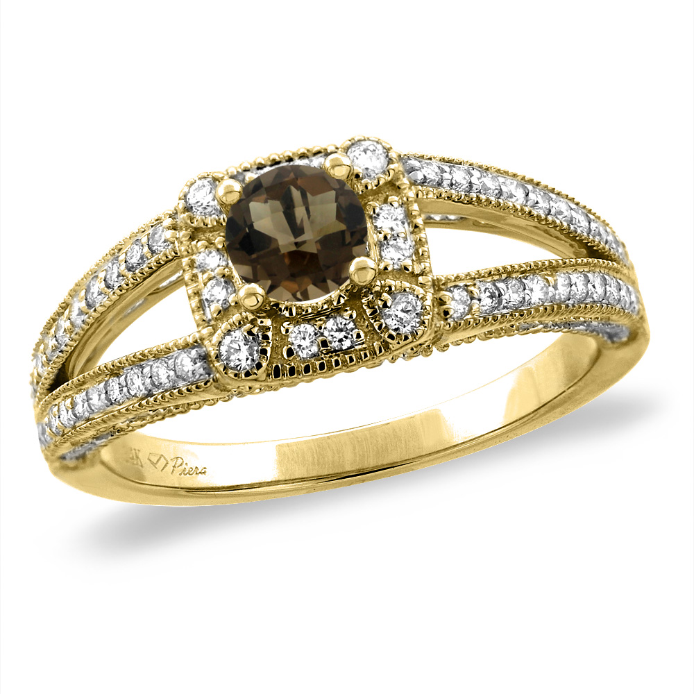 14K White/Yellow Gold Diamond Natural Smoky Topaz Halo Engagement Ring Split Shank Round 4 mm, sizes 5 -10