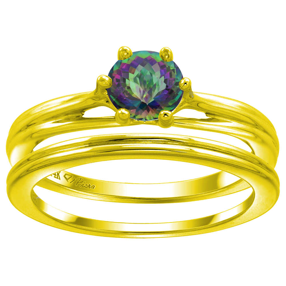 14k Yellow Gold Genuine Mystic Topaz Solitaire Engagement 2pc Ring Set Round 6mm, size 5-10