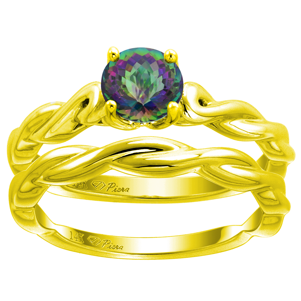 14k Yellow Gold Genuine Mystic Topaz 2pc Solitaire Engagement Ring Set Round 6mm Twisted Shank, size 5-10