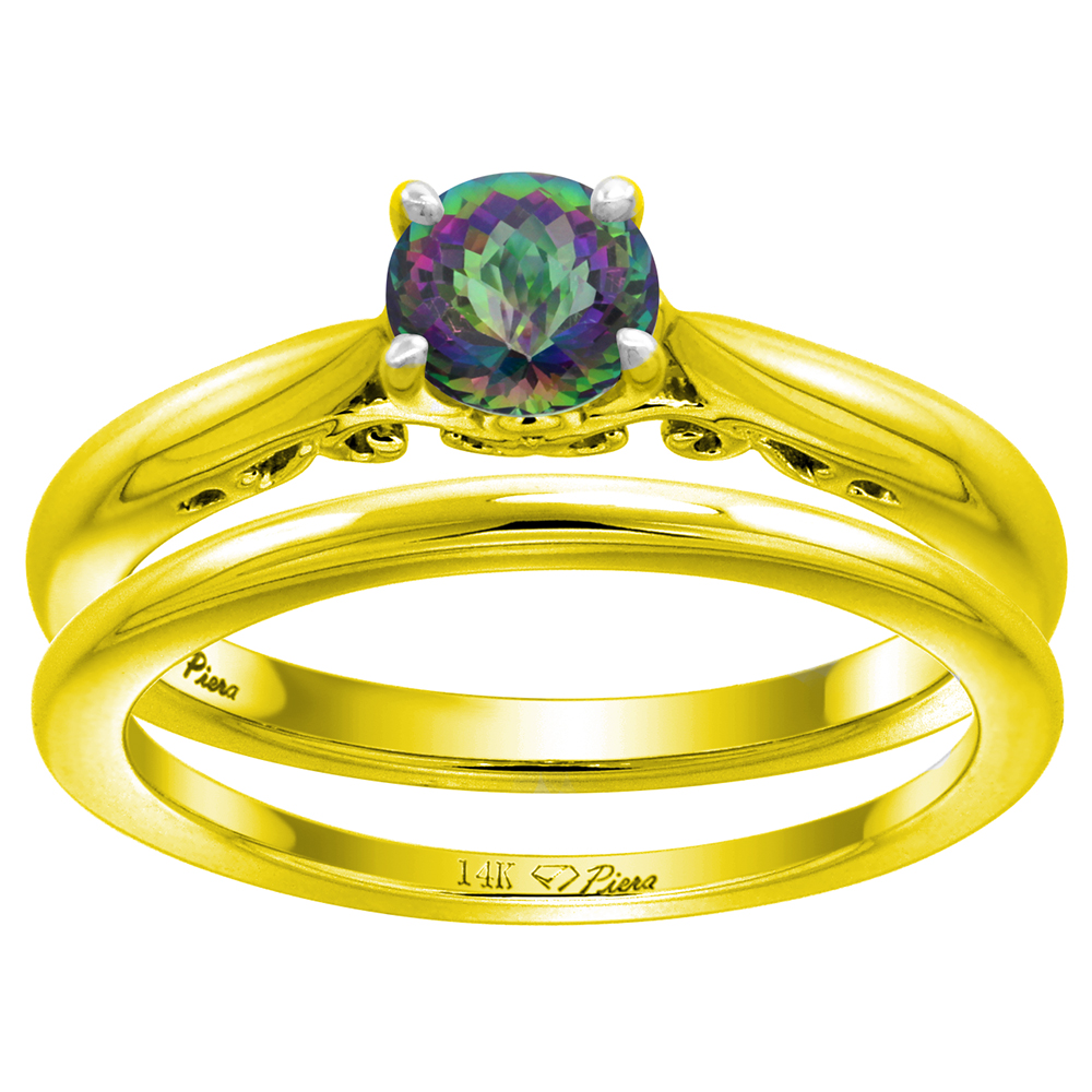 14k Yellow Gold Genuine Mystic Topaz Solitaire Engagement 2pc Ring Set Round 6mm, size 5-10