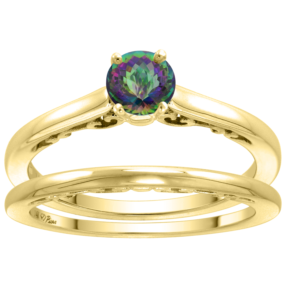 14k Yellow Gold Genuine Mystic Topaz Solitaire Engagement 2pc Ring Set Round 4mm, size 5-10