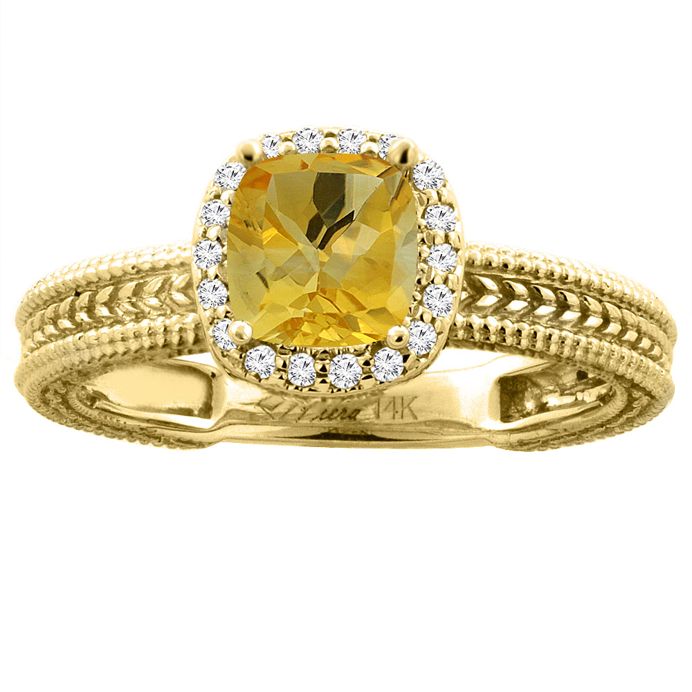 14K White Gold Diamond Natural Citrine Engagement Ring Cushion 7x7 mm, sizes 5-10