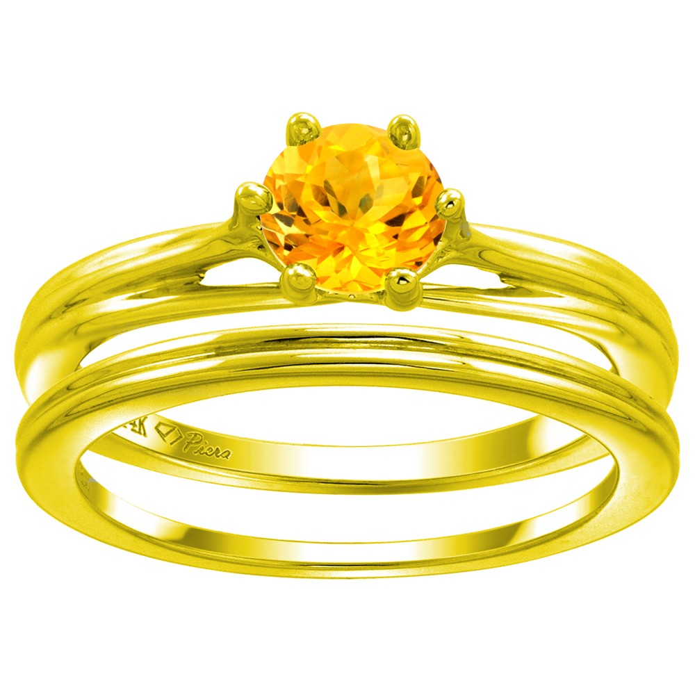 14k Yellow Gold Genuine Citrine Solitaire Engagement 2pc Ring Set Round 6mm, size 5-10