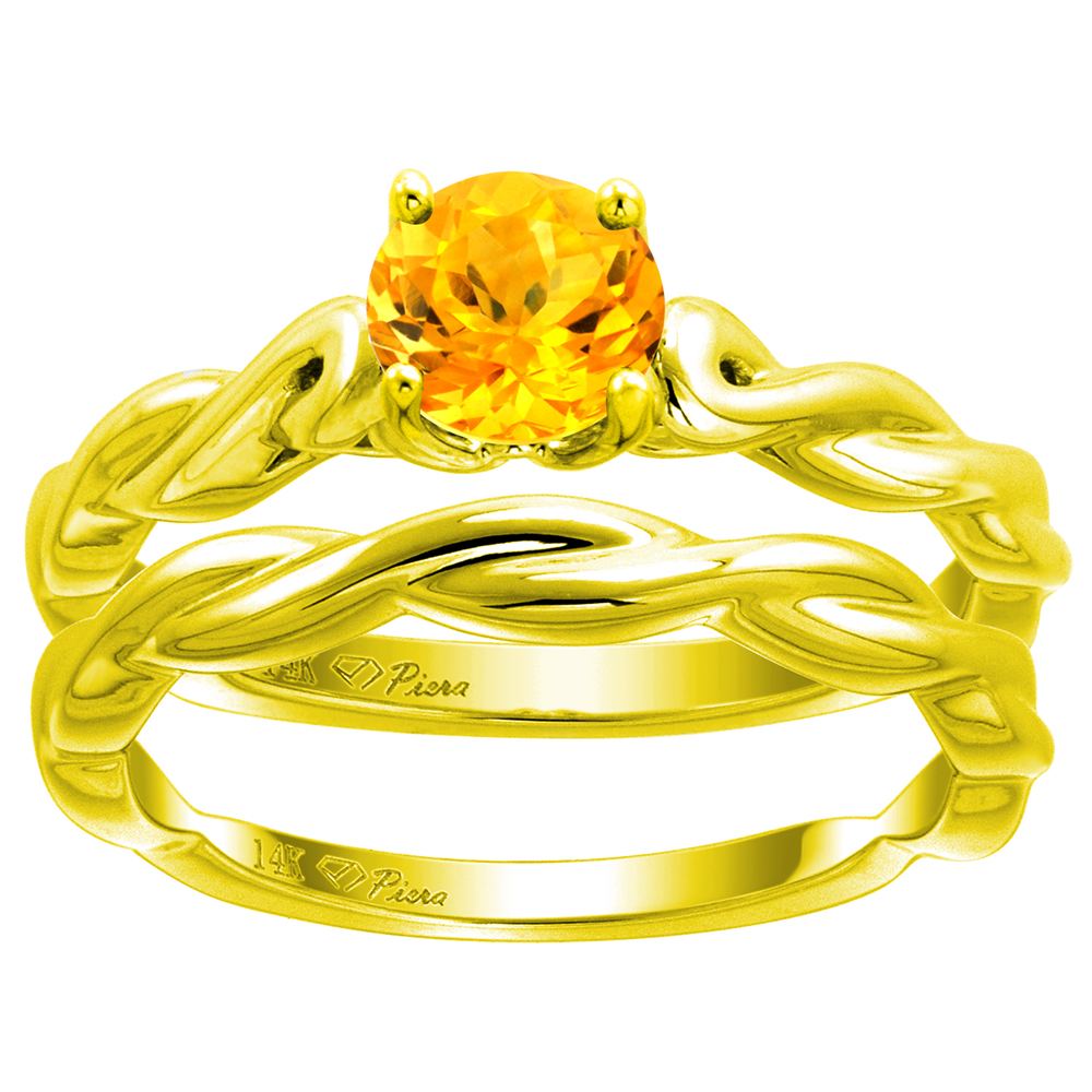14k Yellow Gold Genuine Citrine 2pc Solitaire Engagement Ring Set Round 6mm Twisted Shank, size 5-10