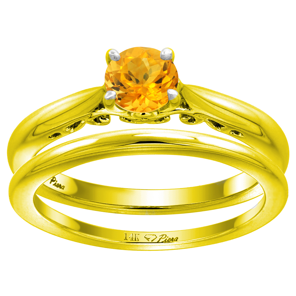 14k Yellow Gold Genuine Citrine Solitaire Engagement 2pc Ring Set Round 6mm, size 5-10