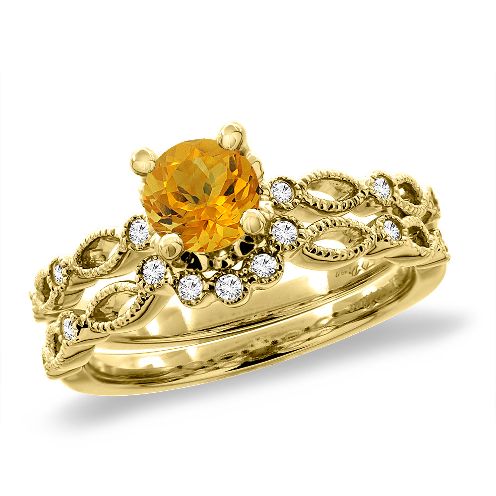 14K Yellow Gold Diamond Natural Citrine 2pc Engagement Ring Set Round 5 mm, sizes 5 - 10