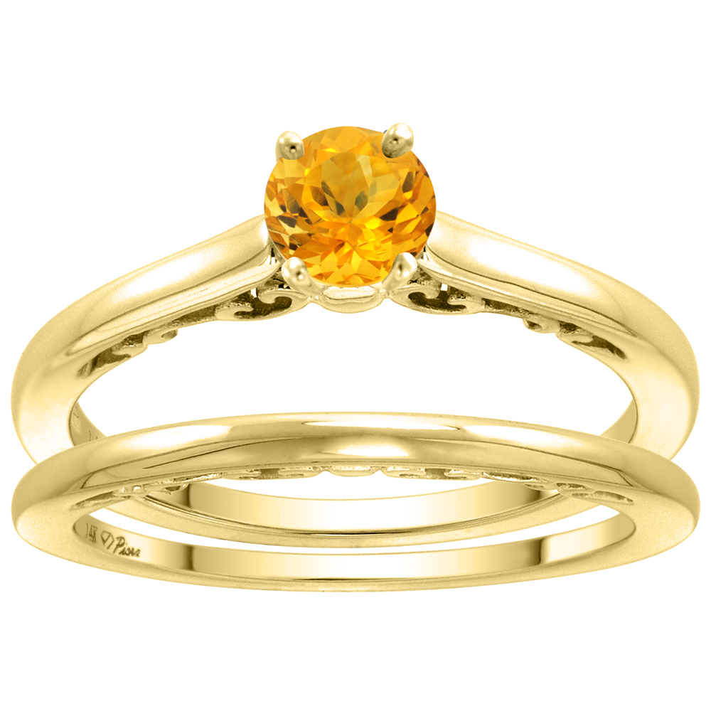 14k Yellow Gold Genuine Citrine Solitaire Engagement 2pc Ring Set Round 4mm, size 5-10