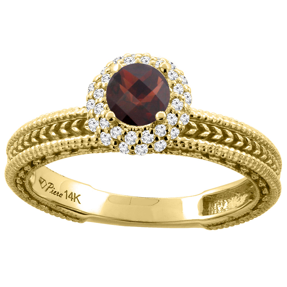 14K White Gold Natural Garnet & Diamond Engagement Ring Round 5 mm, sizes 5-10