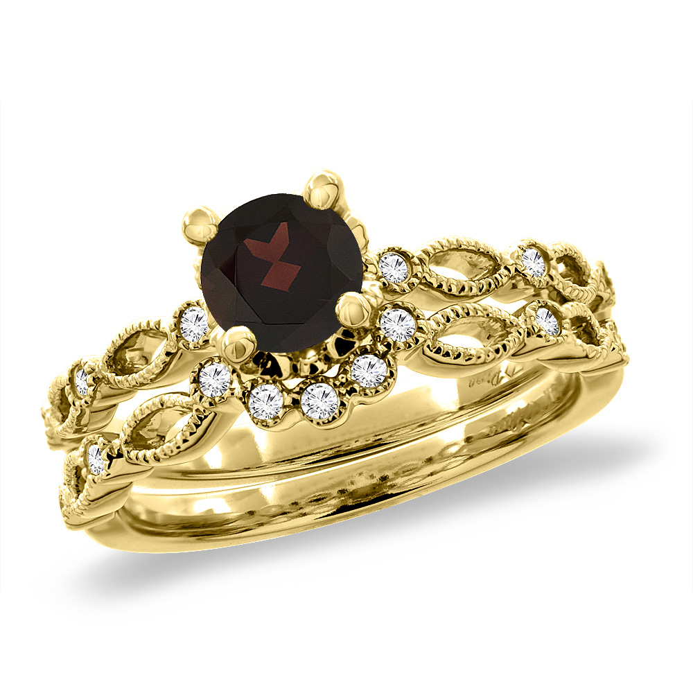 14K Yellow Gold Diamond Natural Garnet 2pc Engagement Ring Set Round 5 mm, sizes 5 - 10