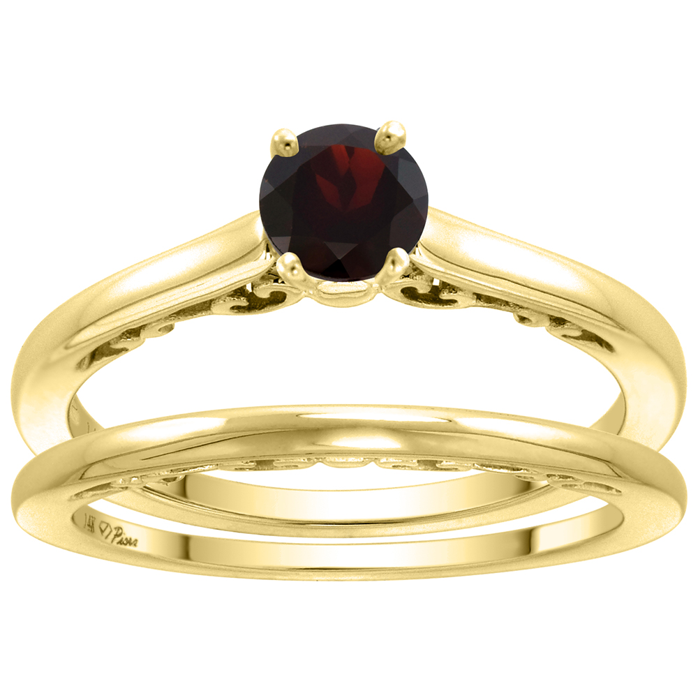 14k Yellow Gold Genuine Garnet Solitaire Engagement 2pc Ring Set Round 4mm, size 5-10