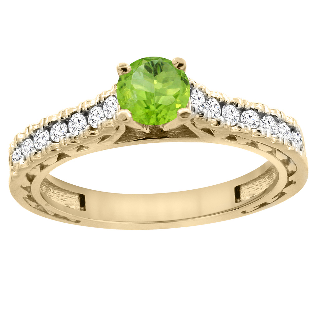 14K Yellow Gold Natural Peridot Round 5mm Engraved Engagement Ring Diamond Accents, sizes 5 - 10