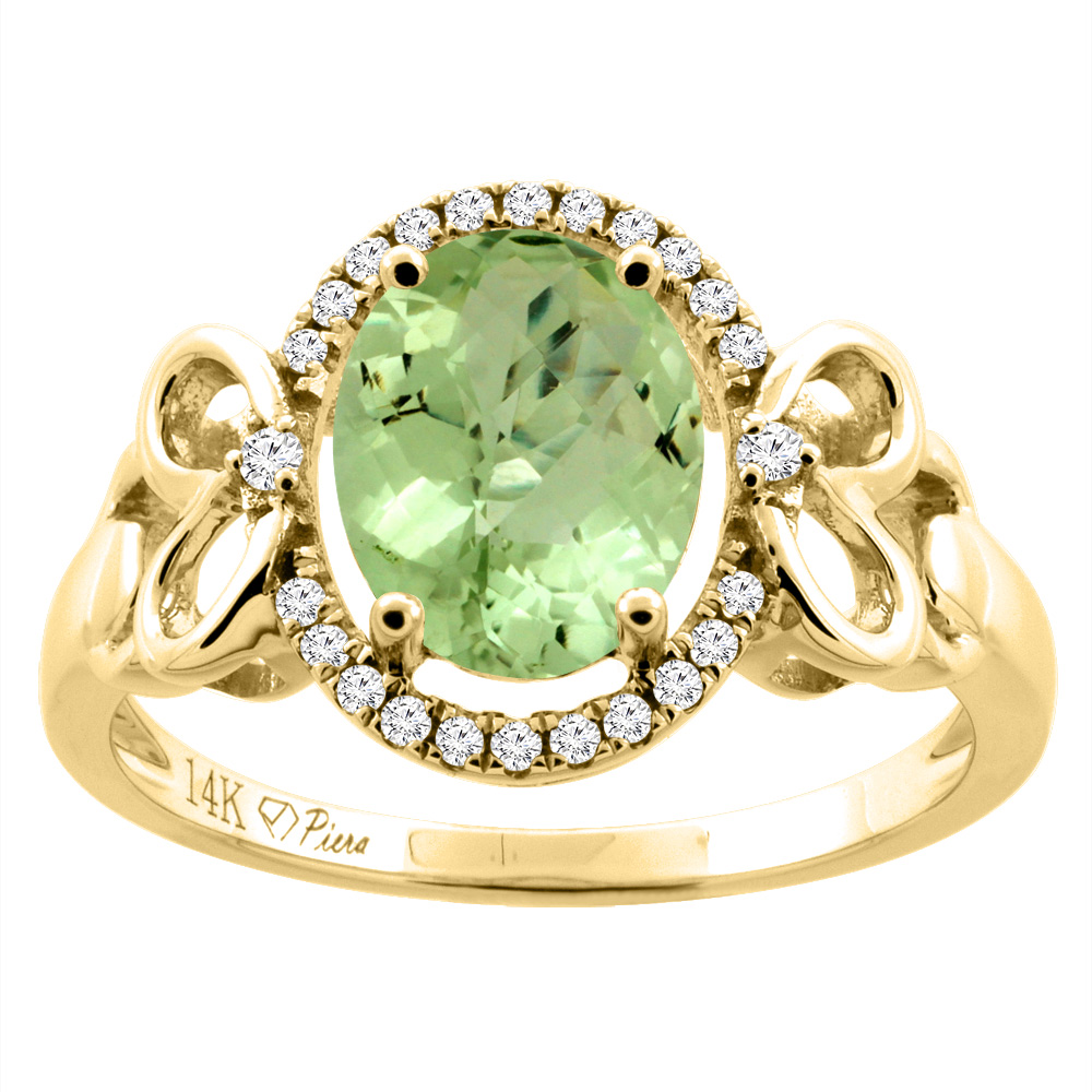 14K Gold Natural Peridot Halo Ring Oval 9x7 mm Diamond & Heart Accents, sizes 5 - 10