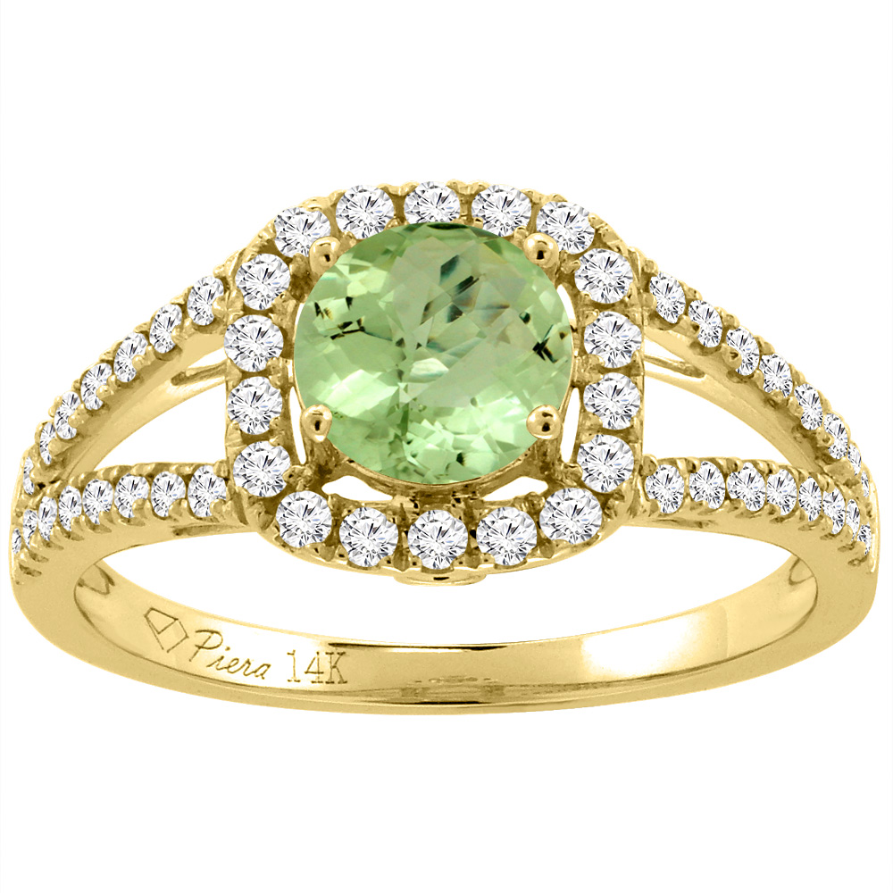 14K White Gold Diamond Natural Peridot Engagement Halo Ring Round 7 mm, sizes 5-10