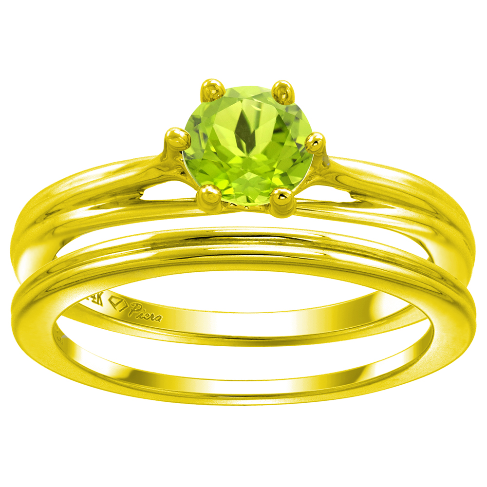 14k Yellow Gold Genuine Peridot Solitaire Engagement 2pc Ring Set Round 6mm, size 5-10