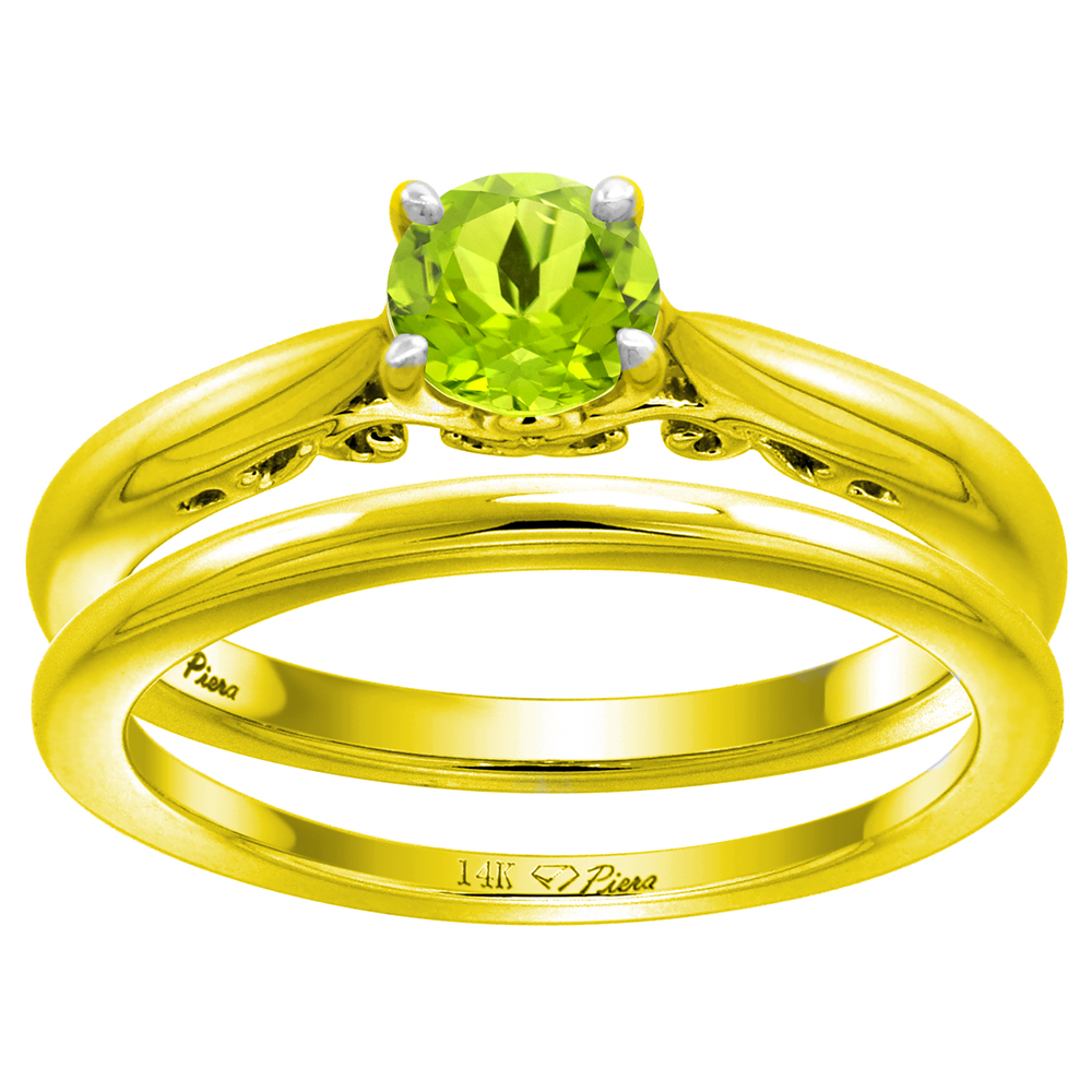 14k Yellow Gold Genuine Peridot Solitaire Engagement 2pc Ring Set Round 6mm, size 5-10