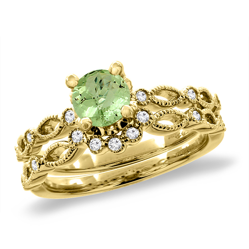 14K Yellow Gold Diamond Natural Peridot 2pc Engagement Ring Set Round 5 mm, sizes 5 - 10