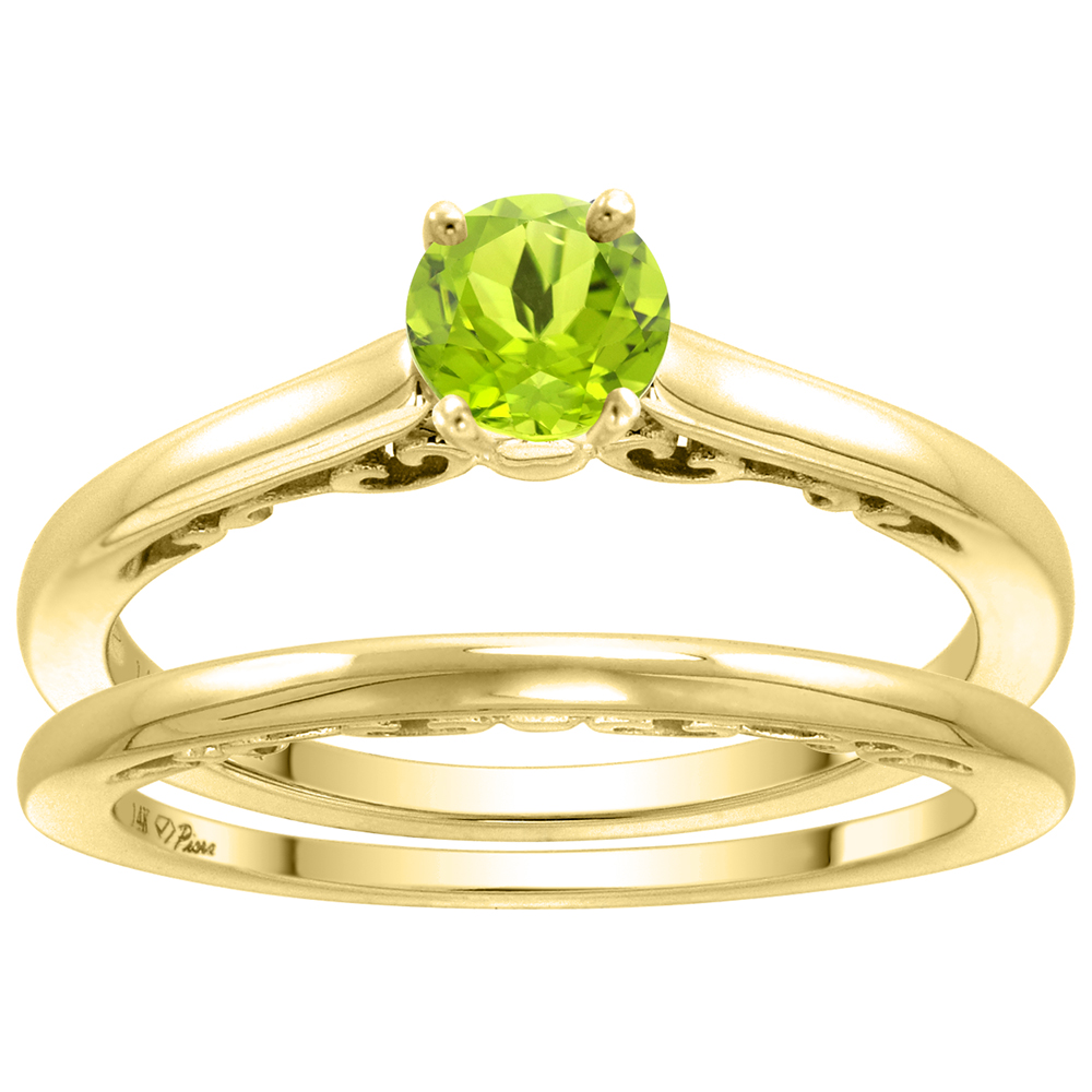 14k Yellow Gold Genuine Peridot Solitaire Engagement 2pc Ring Set Round 4mm, size 5-10