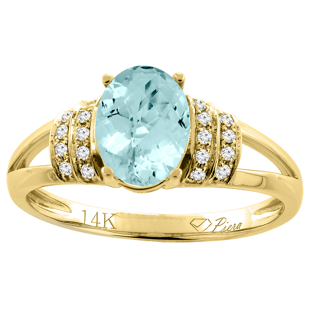 14K Gold Natural Aquamarine Ring Oval 8x6 mm Diamond Accents, sizes 5 - 10