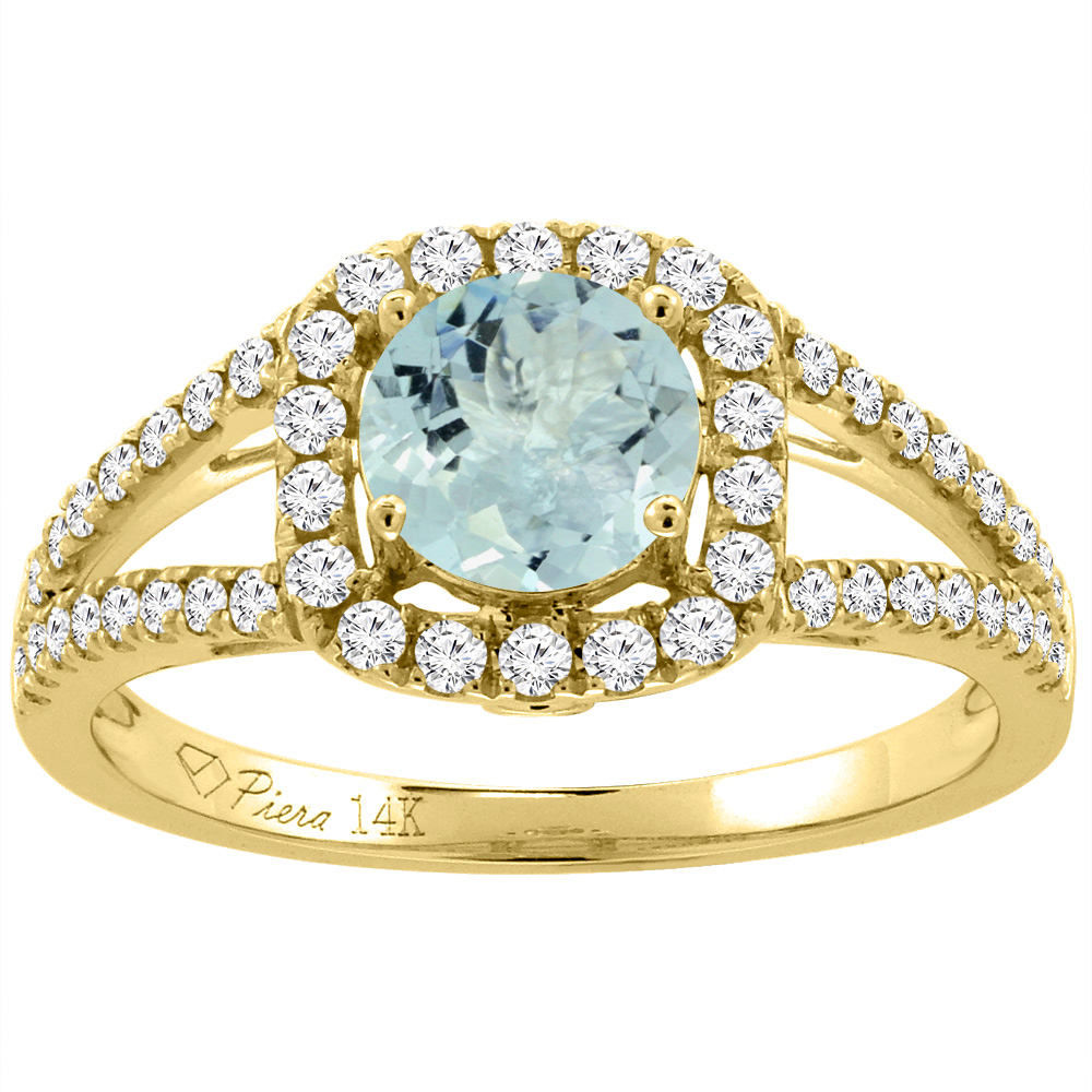 14K White Gold Diamond Natural Aquamarine Engagement Halo Ring Round 7 mm, sizes 5-10