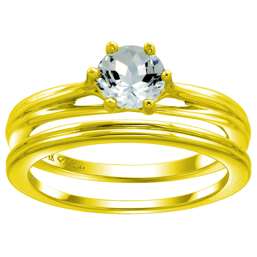 14k Yellow Gold Genuine Aquamarine Solitaire Engagement 2pc Ring Set Round 6mm, size 5-10