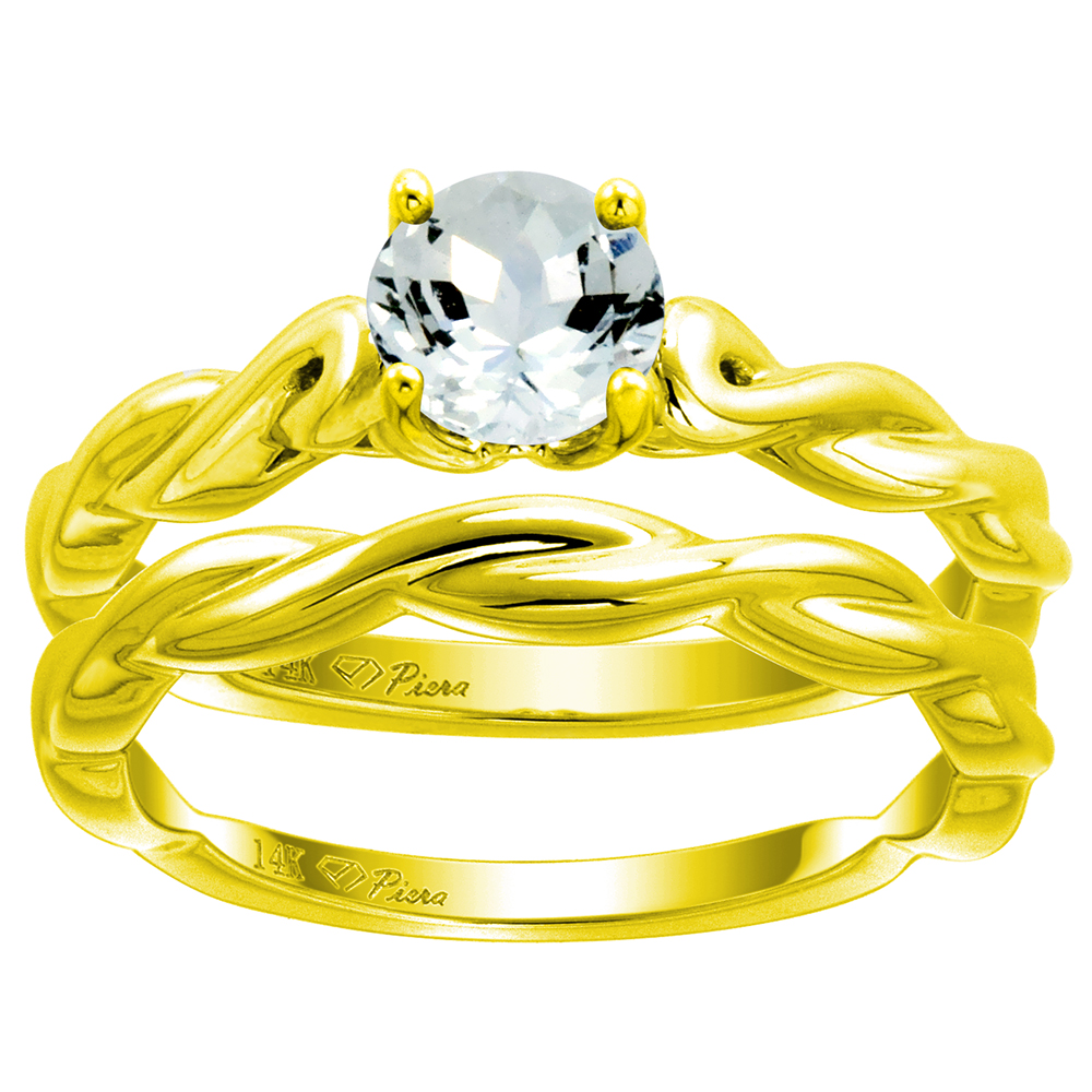 14k Yellow Gold Genuine Aquamarine 2pc Solitaire Engagement Ring Set Round 6mm Twisted Shank, size 5-10