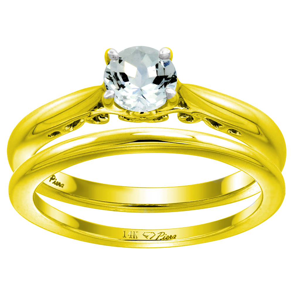 14k Yellow Gold Genuine Aquamarine Solitaire Engagement 2pc Ring Set Round 6mm, size 5-10