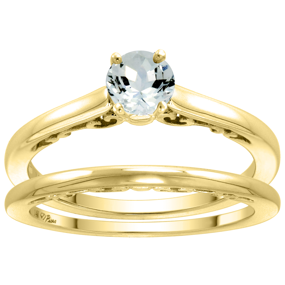 14k Yellow Gold Genuine Aquamarine Solitaire Engagement 2pc Ring Set Round 4mm, size 5-10