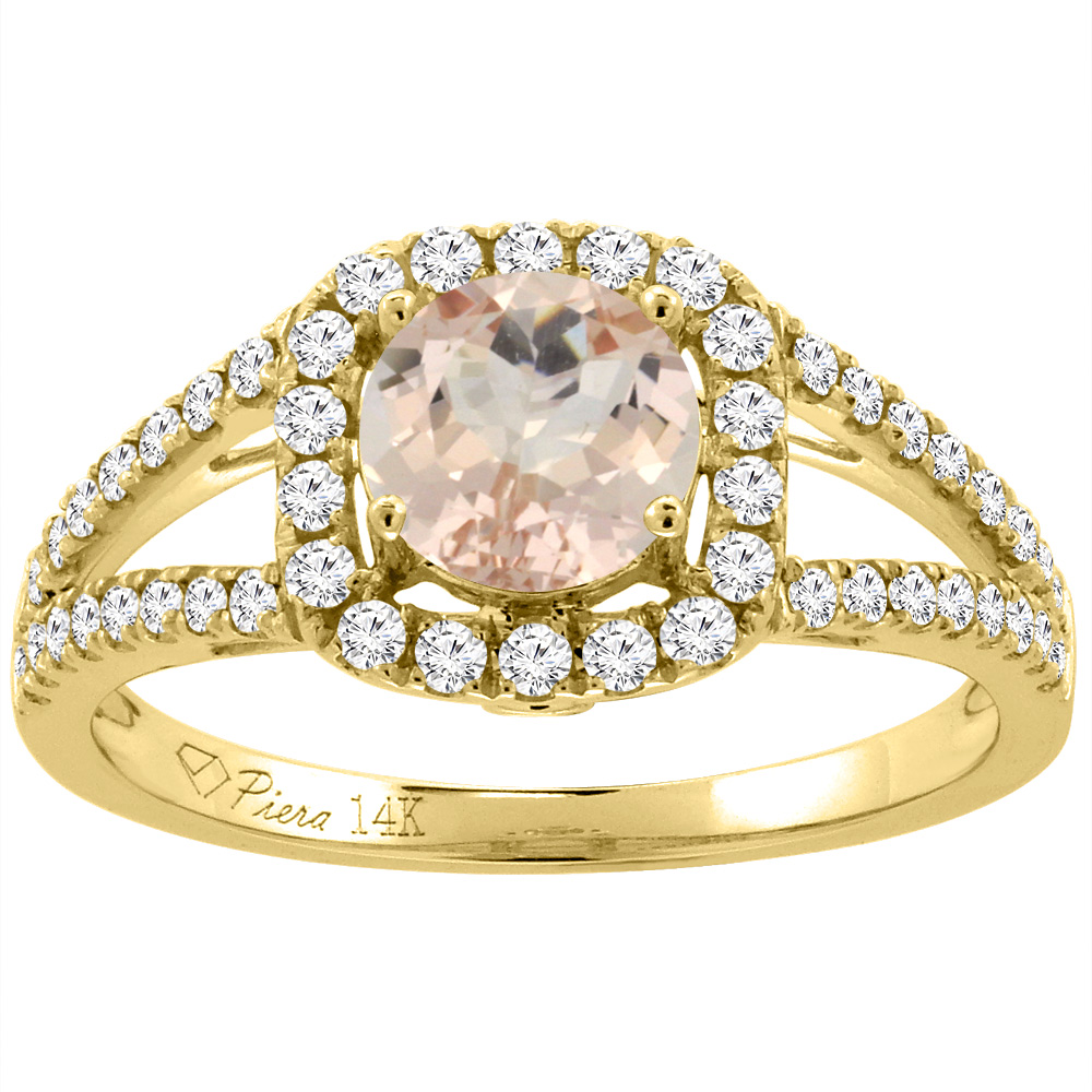 14K White Gold Diamond Natural Morganite Engagement Halo Ring Round 7 mm, sizes 5-10