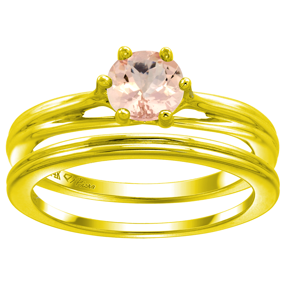14k Yellow Gold Genuine Morganite Solitaire Engagement 2pc Ring Set Round 6mm, size 5-10