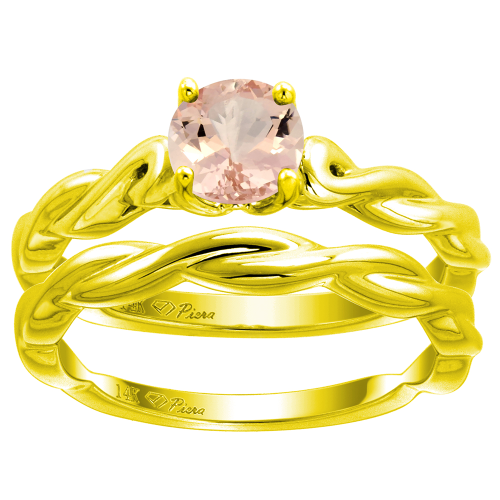 14k Yellow Gold Genuine Morganite 2pc Solitaire Engagement Ring Set Round 6mm Twisted Shank,size 5-10