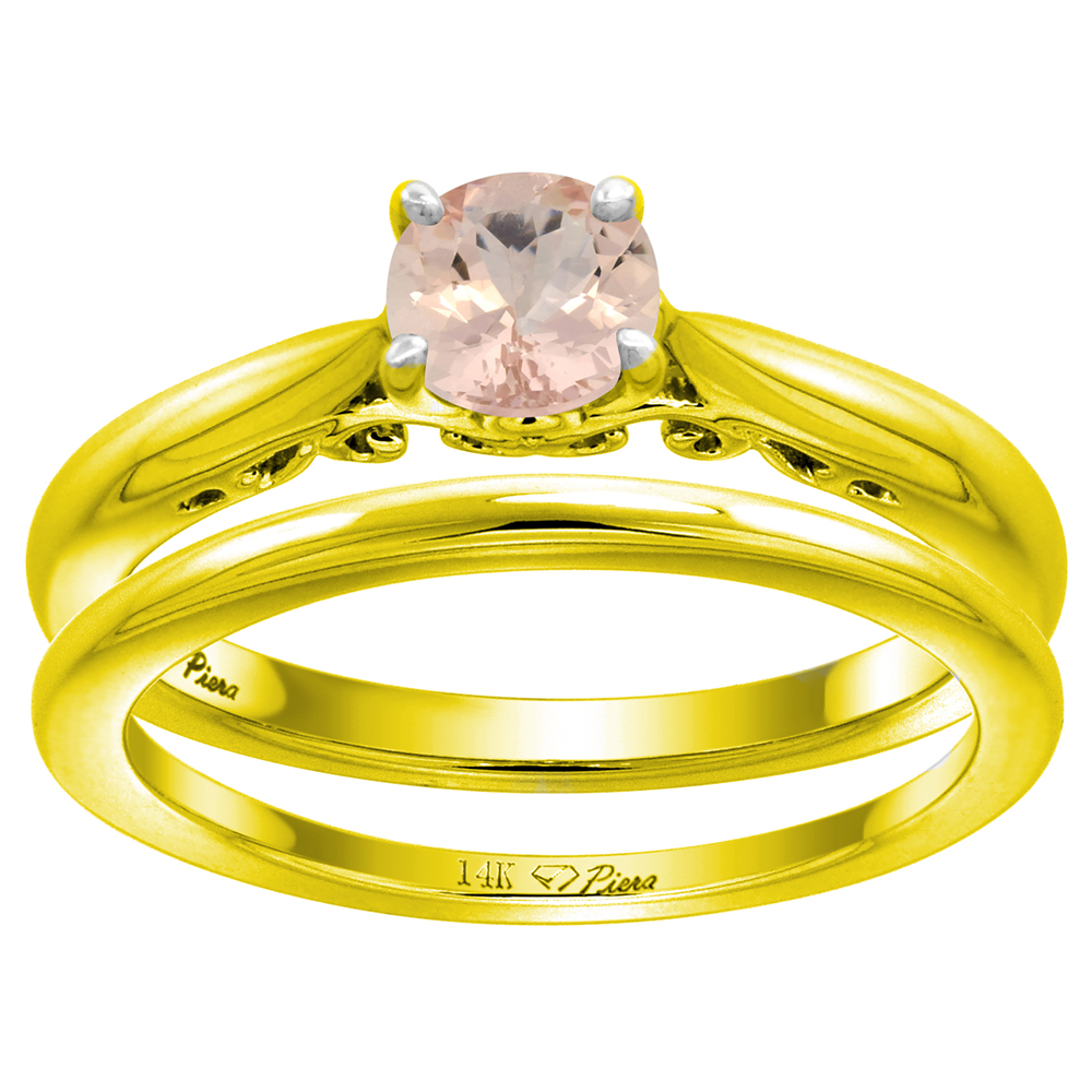 14k Yellow Gold Genuine Morganite Solitaire Engagement 2pc Ring Set Round 6mm, size 5-10