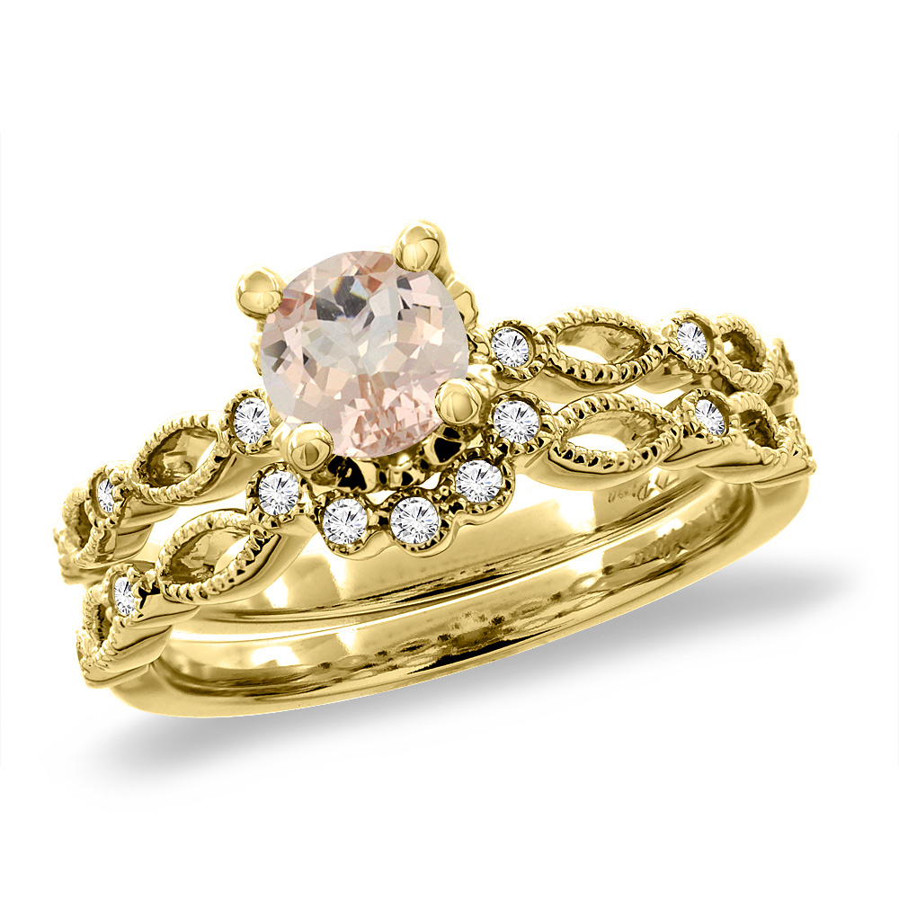 14K Yellow Gold Diamond Natural Morganite 2pc Engagement Ring Set Round 5 mm, sizes 5 - 10
