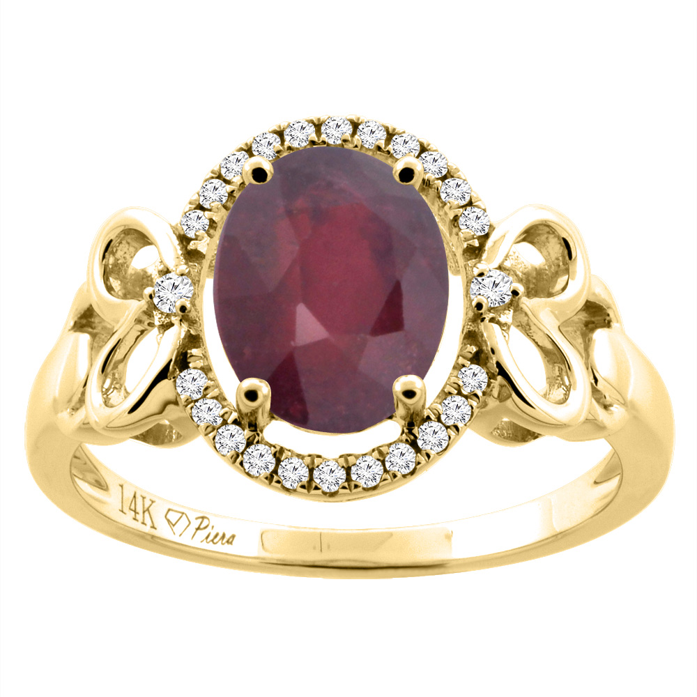 14K Gold Diamond Halo Natural Quality Ruby Engagement Ring Oval 9x7 mm Heart Accent, size 5 - 10