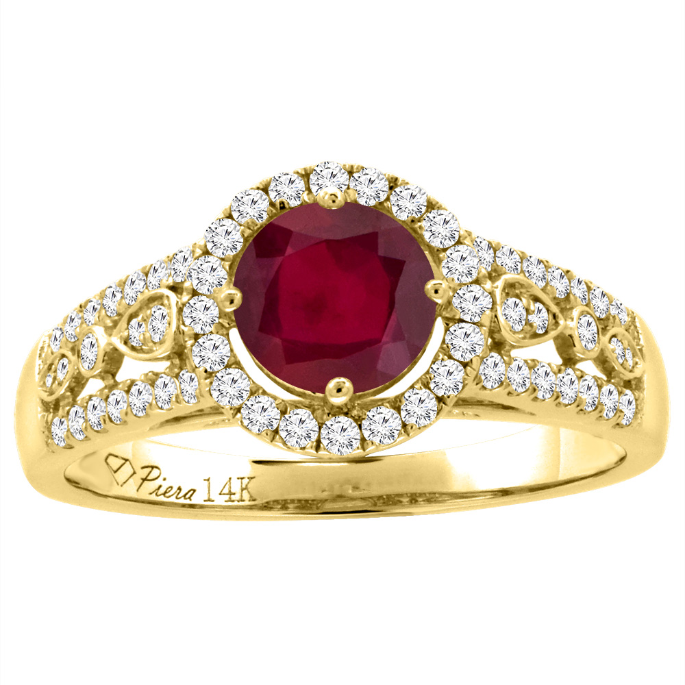 14K White Gold Diamond Enhanced Genuine Ruby Engagement Halo Ring Round 7 mm, sizes 5-10