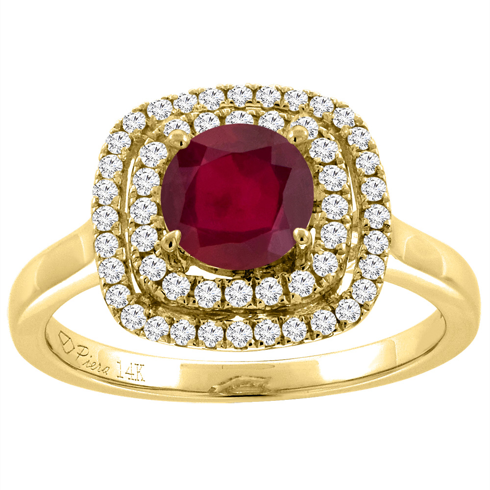 14K White Gold Enhanced Genuine Ruby Double Halo Diamond Engagement Ring Round 7 mm, sizes 5-10