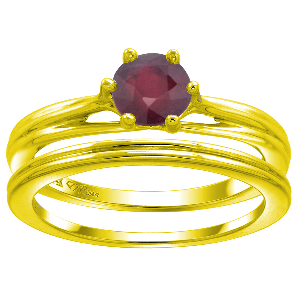 14k Yellow Gold Enhanced Genuine Ruby Solitaire Engagement 2pc Ring Set Round 6mm, size 5-10