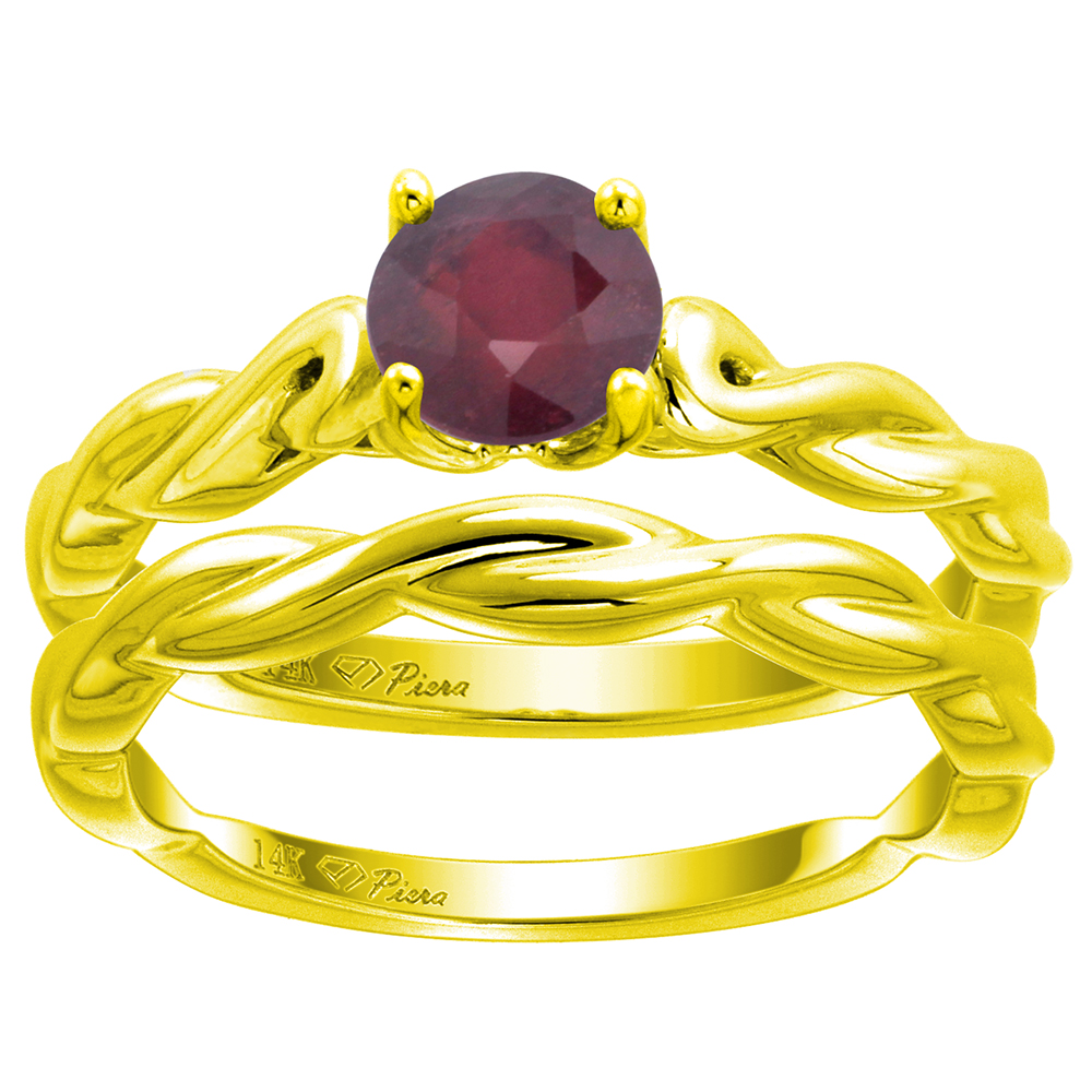 14k Yellow Gold Enhanced Genuine Ruby 2pc Solitaire Engagement Ring Set Round 6mm Twisted Shank, size5-10