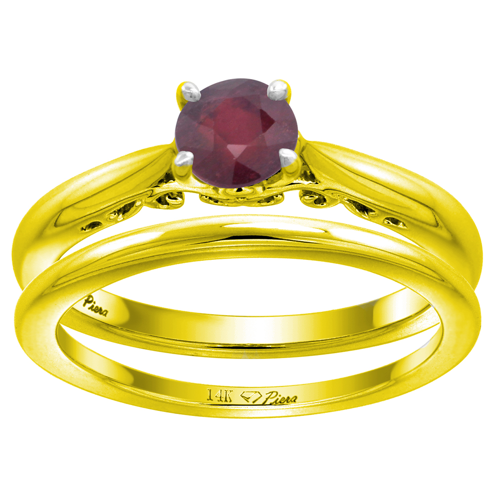 14k Yellow Gold Enhanced Genuine Ruby Solitaire Engagement 2pc Ring Set Round 6mm, size 5-10