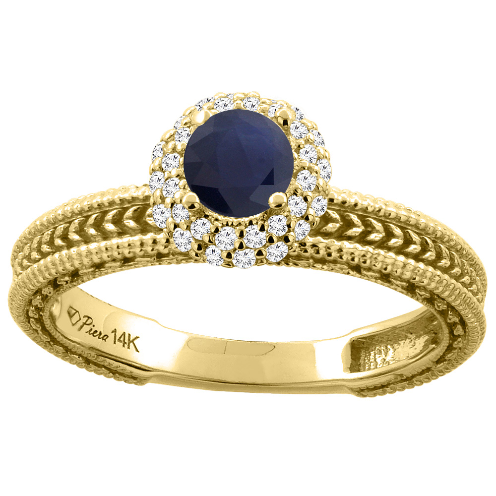 14K White Gold Natural Blue Sapphire & Diamond Engagement Ring Round 5 mm, sizes 5-10